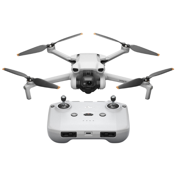 DJI Mini 3 drone with 4K camera and white remote controller shown from front view