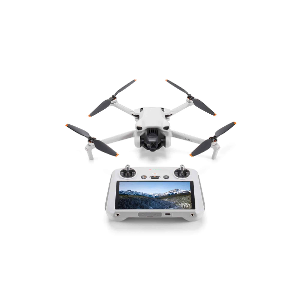 DJI Mini 3 drone with 4K camera and remote controller showing mountain landscape