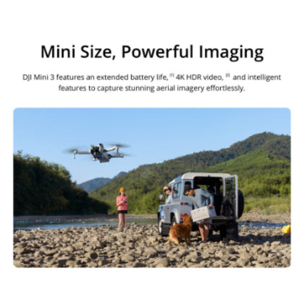 DJI Mini 3 drone with 4K camera flying over rocky riverbank near people and a vehicle