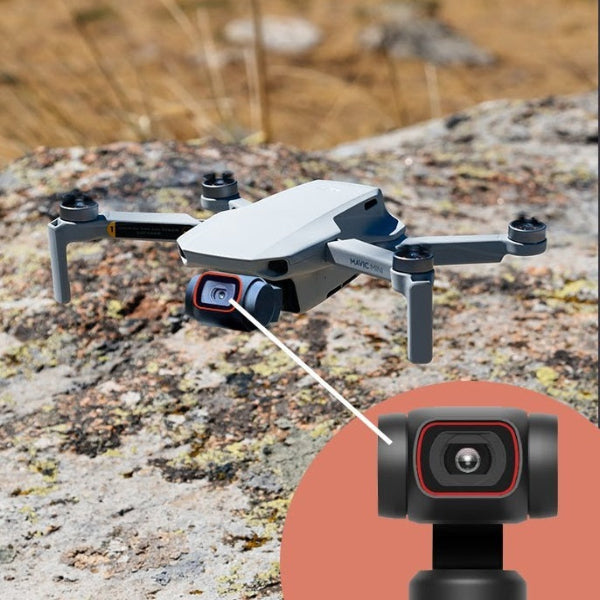 DJI Mini 3 drone with 4K camera shown on rocky terrain highlighting camera detail