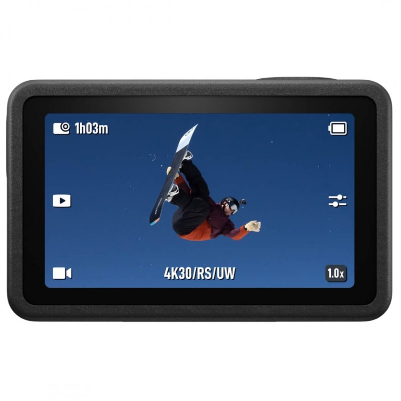 DJI Osmo Action 5 Pro camera Standard Combo showing screen with snowboarder performing trick in 4K video