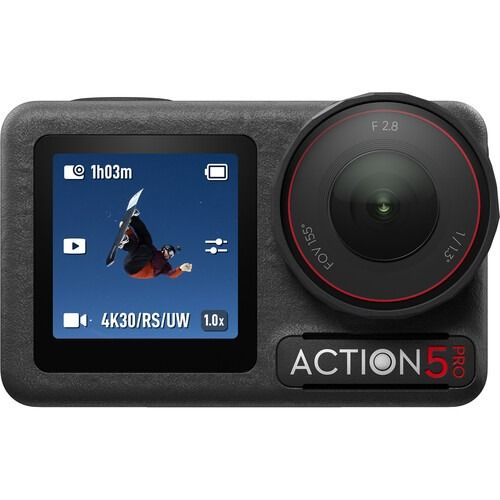 DJI Osmo Action 5 Pro camera Standard Combo showing front screen with snowboarder and wide lens