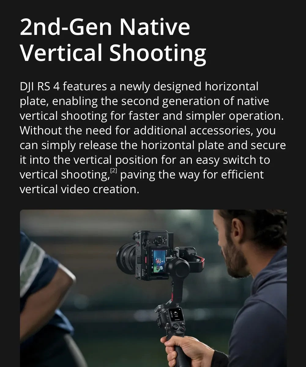 DJI RS 4 gimbal stabilizer held by a person demonstrating vertical shooting with a mounted camera