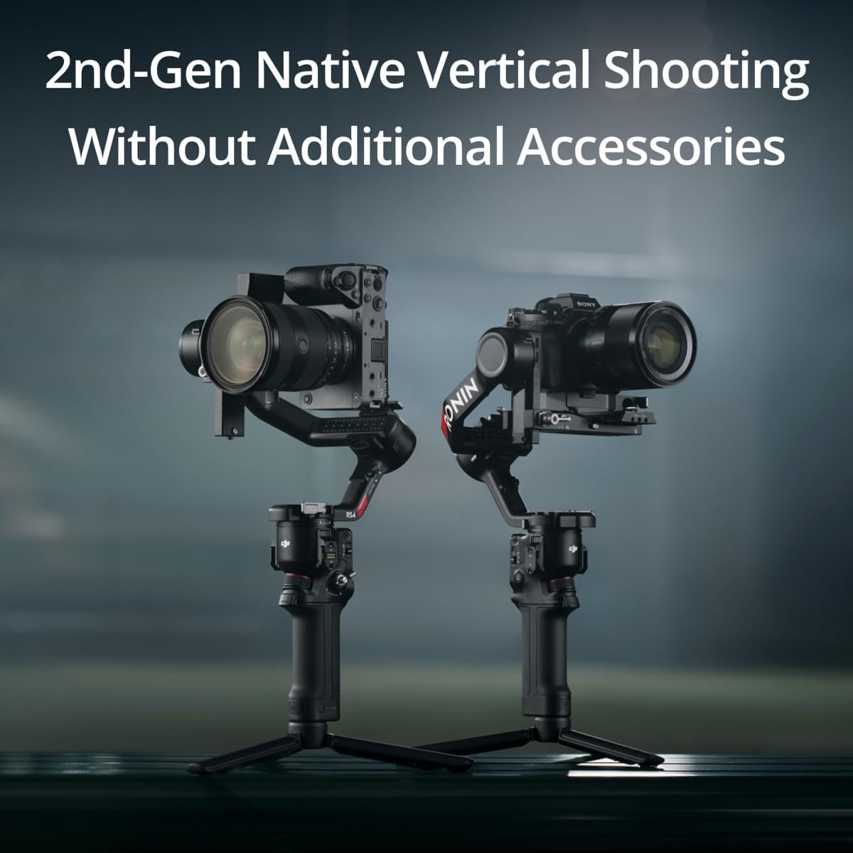 DJI RS 4 gimbal stabilizer by VMIDirect shown with professional cameras for smooth vertical shooting