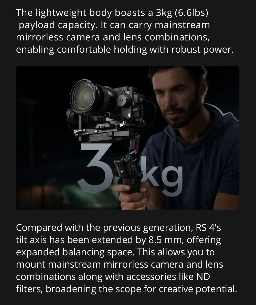 Man holding DJI RS 4 gimbal stabilizer with mounted mirrorless camera demonstrating its 3kg payload capacity