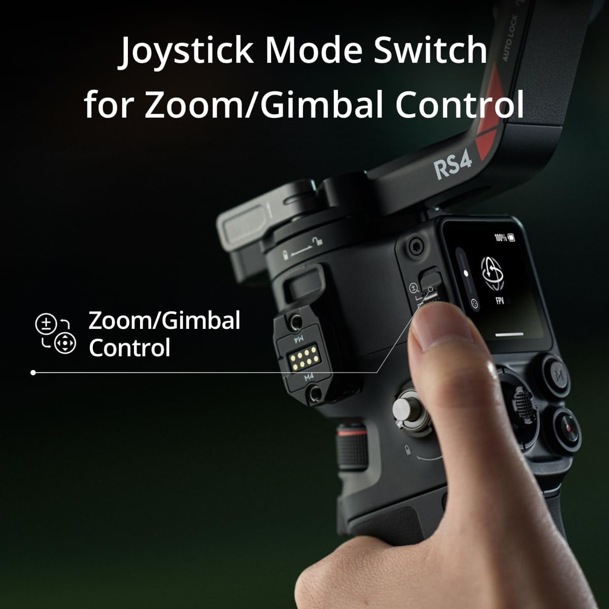 Close-up of DJI RS 4 gimbal stabilizer joystick mode switch for zoom and gimbal control