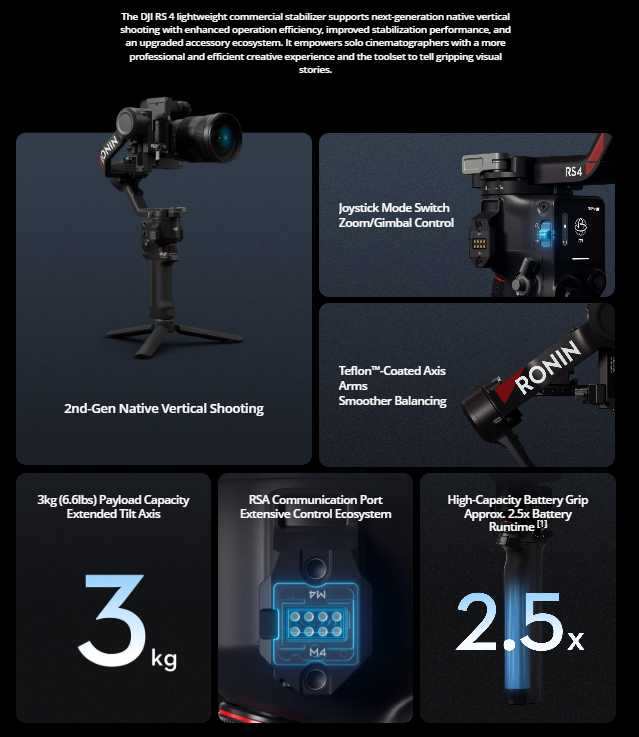 DJI RS 4 gimbal stabilizer by VMIDirect with 2nd-gen vertical shooting, joystick control, and high-capacity battery grip