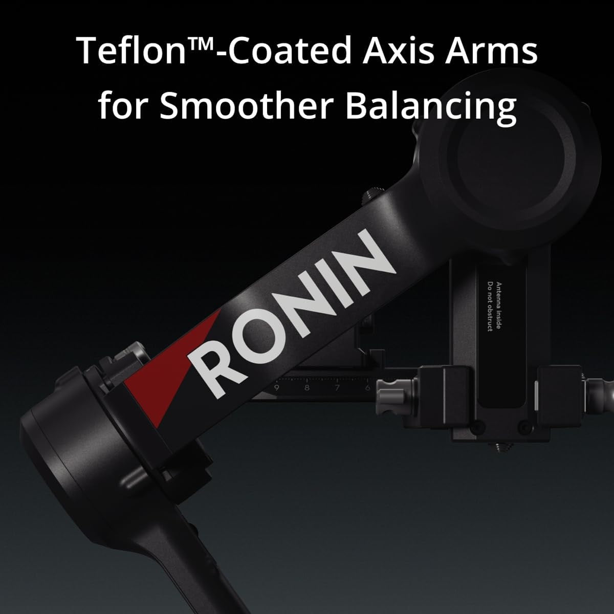 Close-up of DJI RS 4 gimbal stabilizer showing Teflon-coated axis arms for smoother balancing