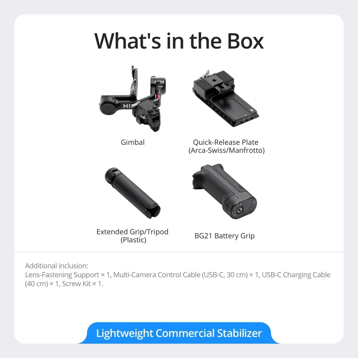 DJI RS 4 gimbal stabilizer kit including gimbal, quick-release plate, extended grip tripod, and BG21 battery grip from VMIDirect