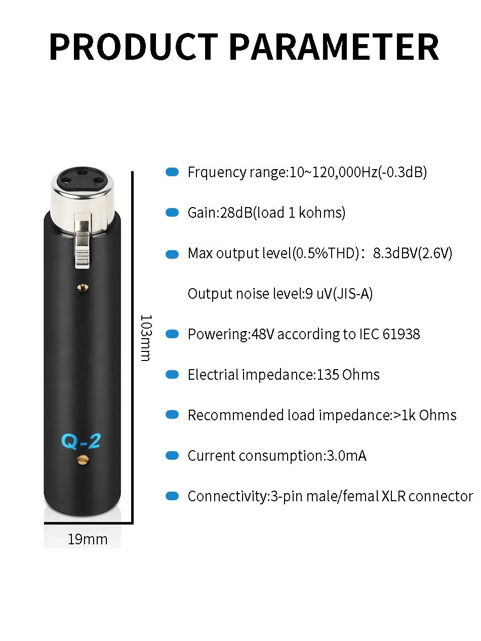 Dynamic microphone amplifier 48V with 28dB gain and XLR connectivity for optimal sound quality