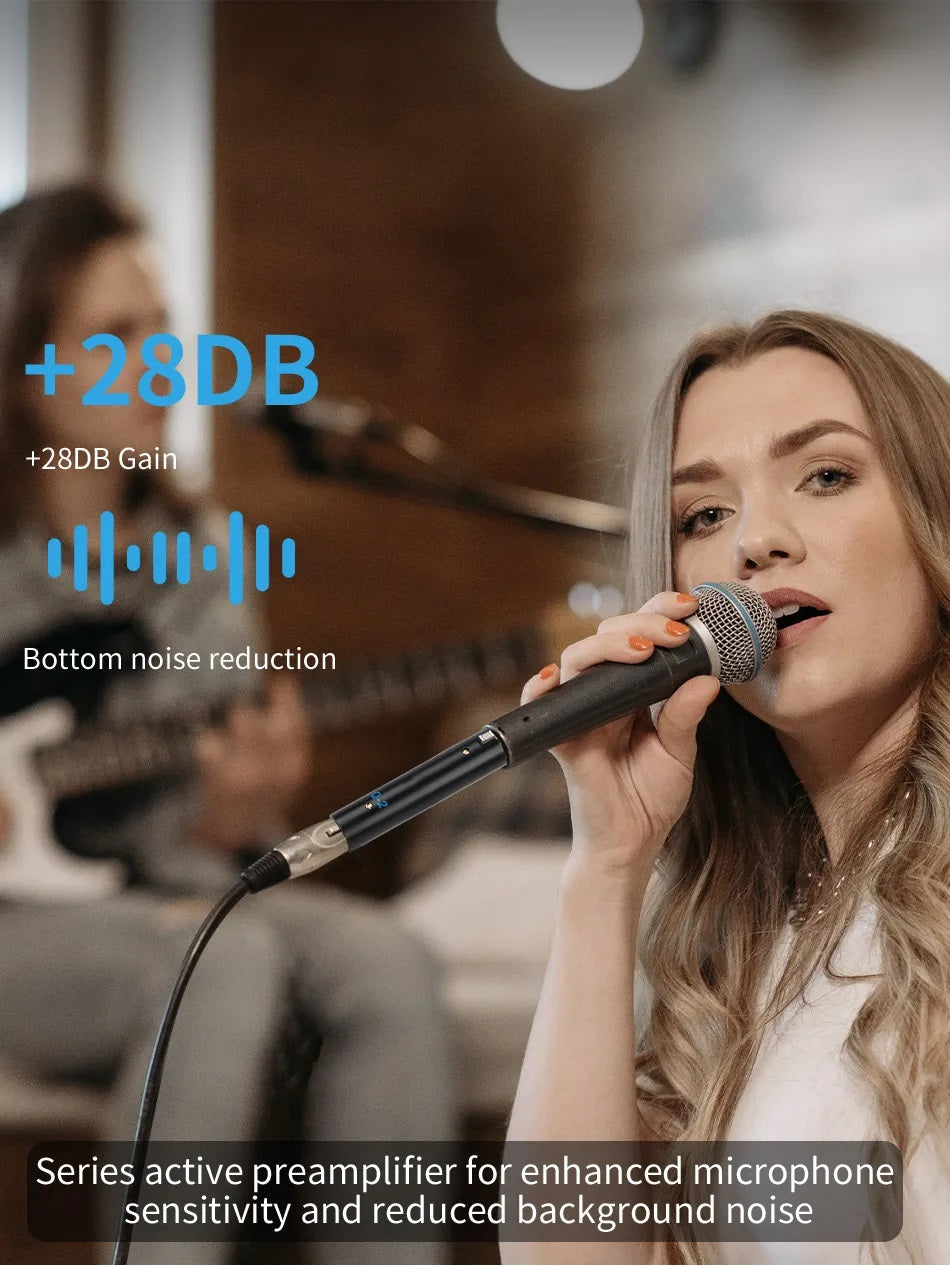 Dynamic microphone amplifier 48V with +28dB gain for enhanced sound quality and noise reduction