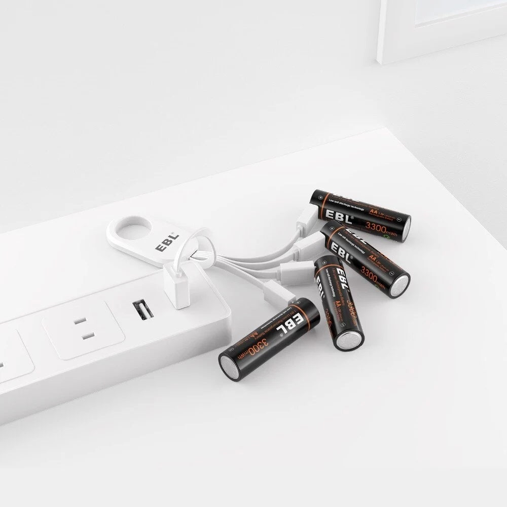 EBL 1.5V AA Rechargeable Battery set charging with a white multi-port USB charger on a white surface