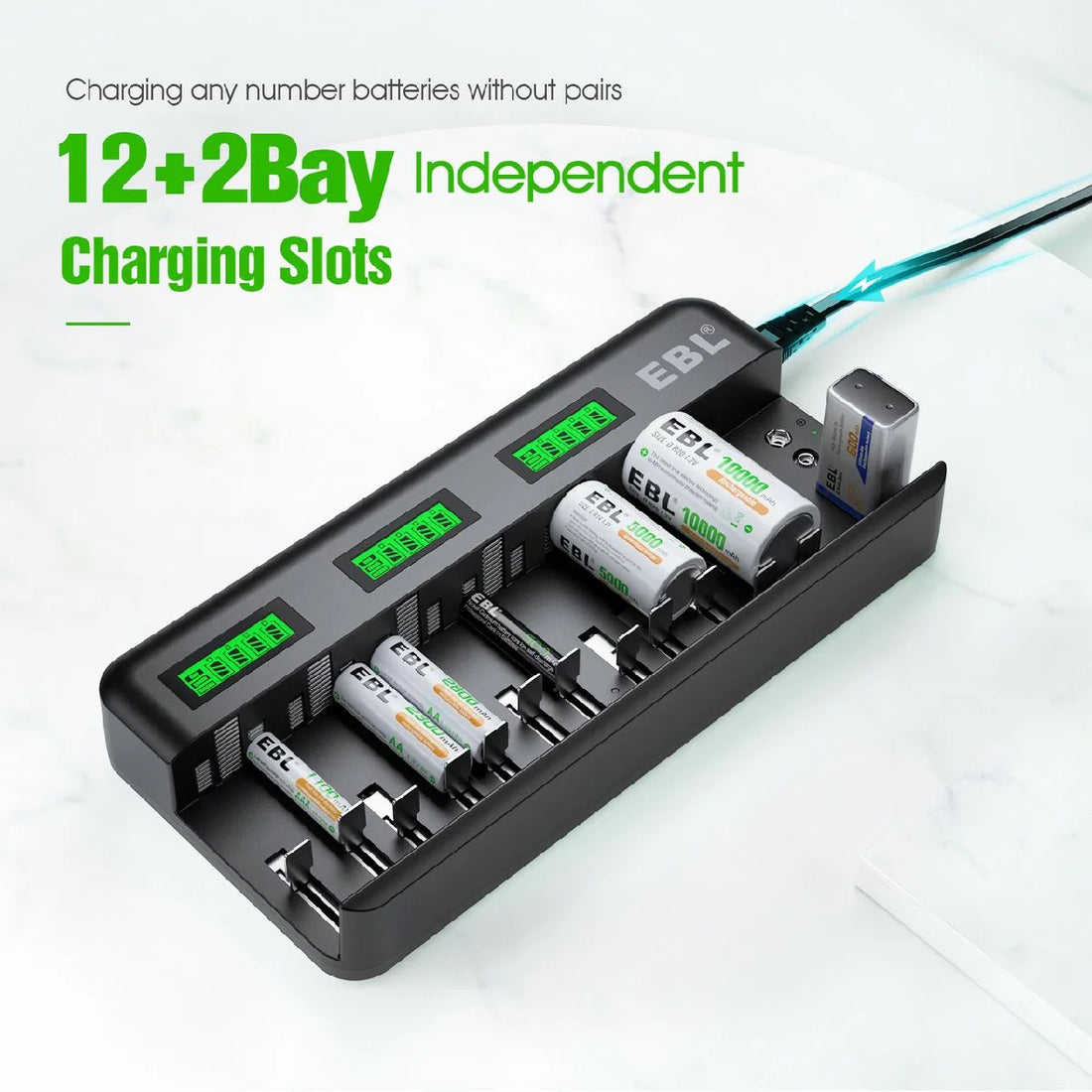 VMIDirect 12 bay LCD battery charger with multiple slots and digital display for charging batteries
