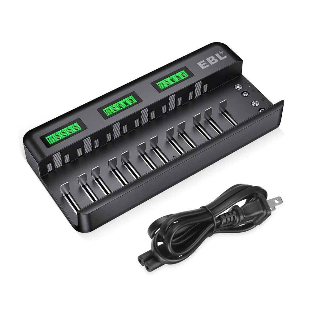 VMIDirect 12 bay LCD battery charger with multiple slots and digital display for charging batteries