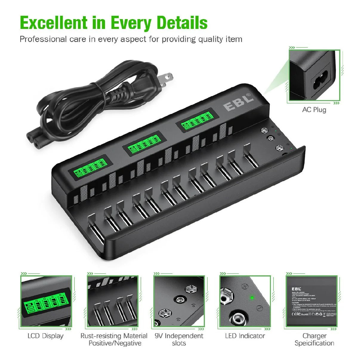 VMIDirect 12 bay LCD battery charger with AC plug and LED indicators for efficient charging