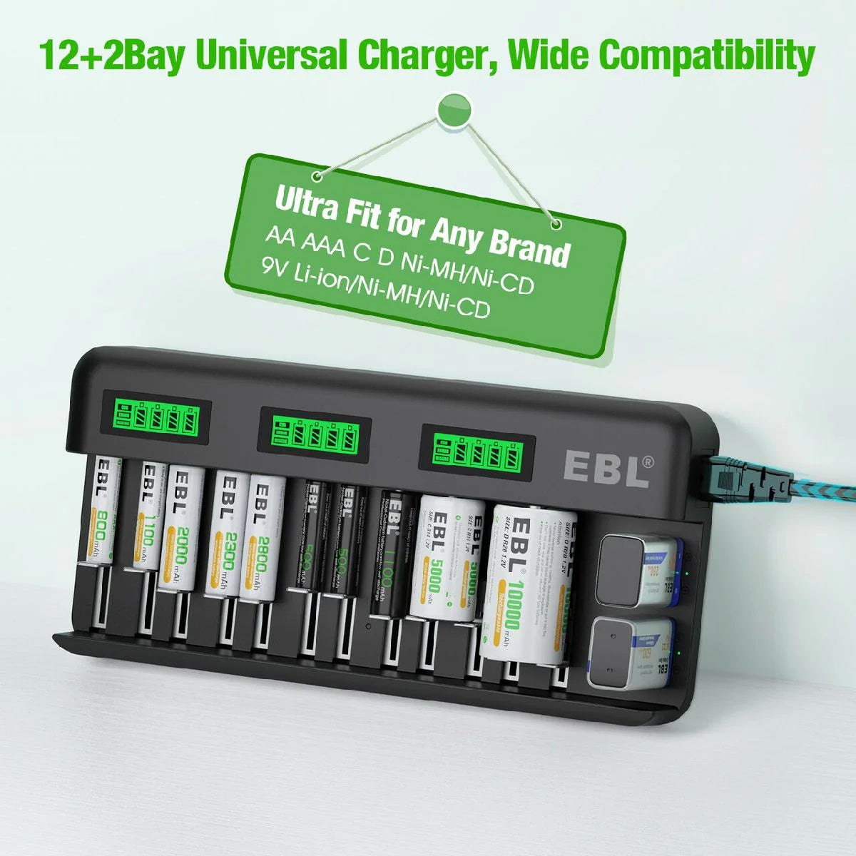 VMIDirect 12 bay LCD battery charger with multiple AA and AAA rechargeable batteries inserted