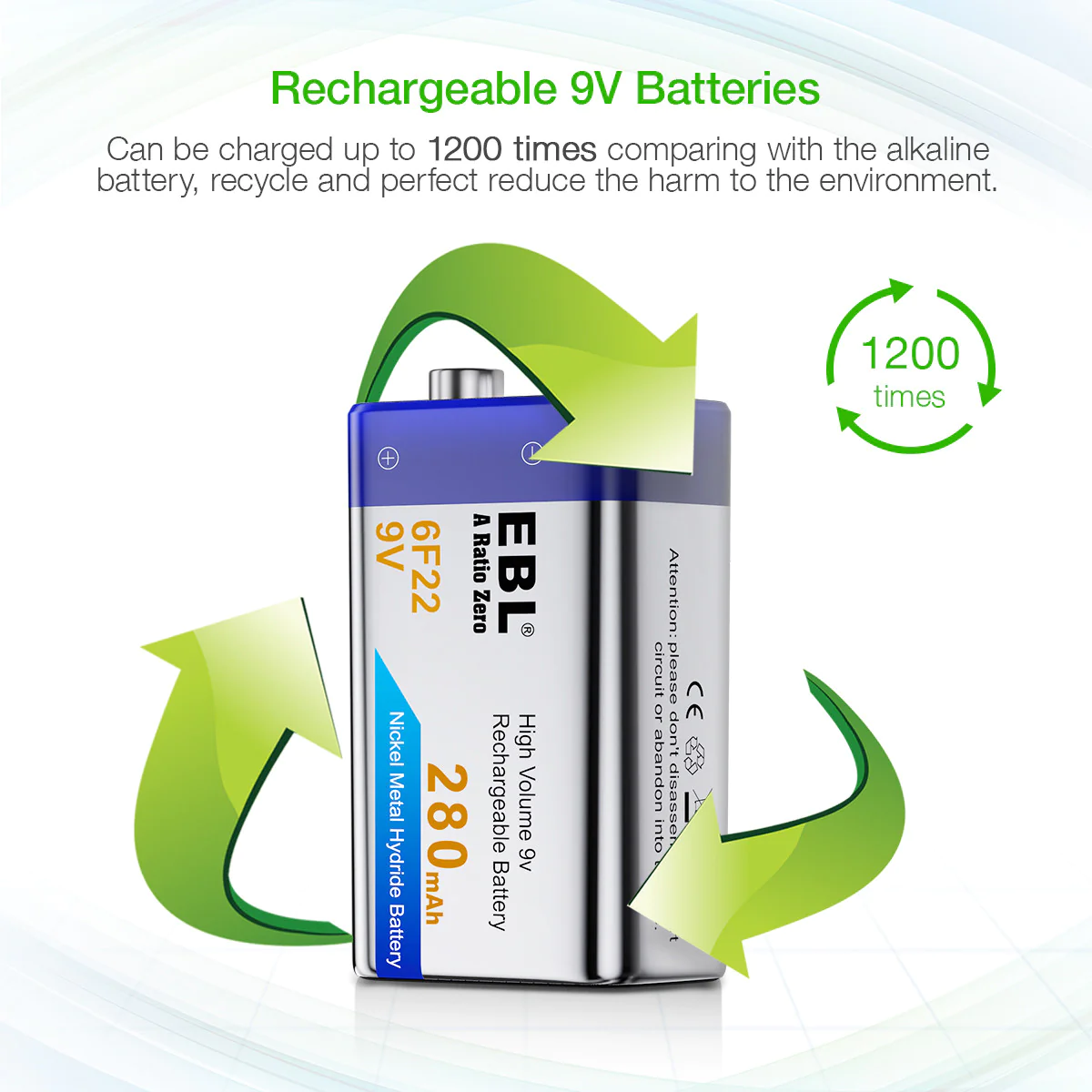 9V 280mAh NIMH Rechargeable Battery by VMIDirect, eco-friendly and rechargeable up to 1200 times