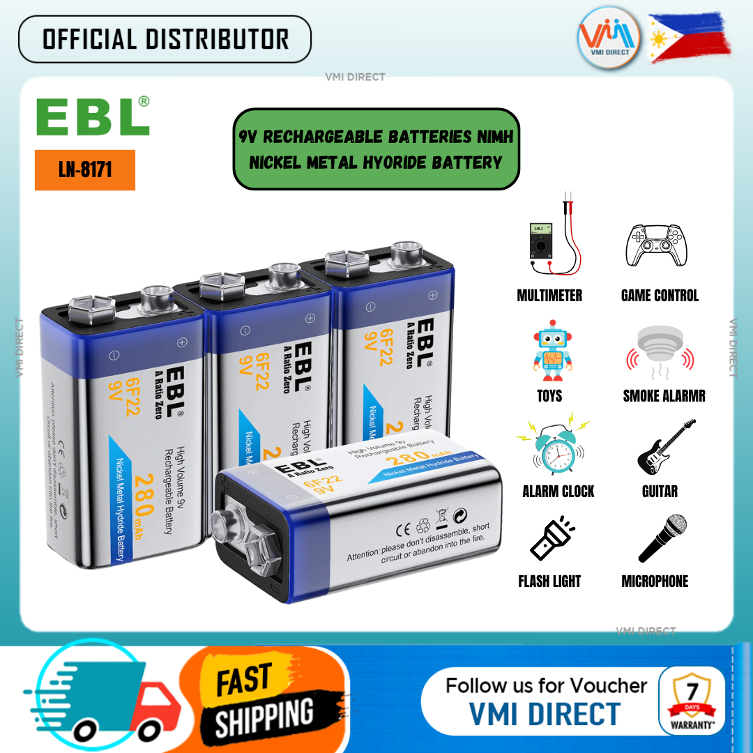 VMIDirect 9V 280mAh NIMH Rechargeable Battery Pack for various devices like smoke alarms and controllers