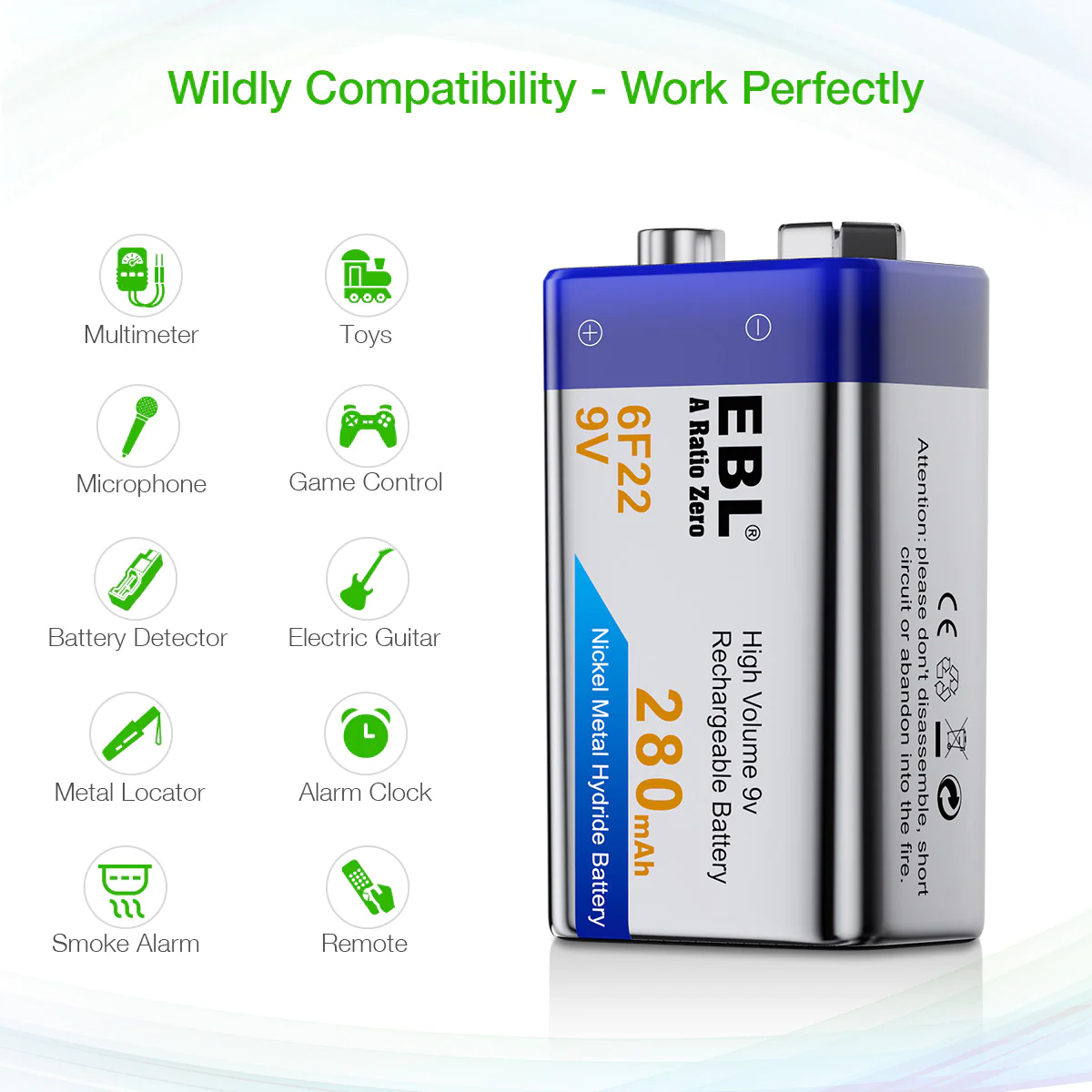 VMIDirect 9V 280mAh NIMH Rechargeable Battery compatible with various devices like toys and microphones