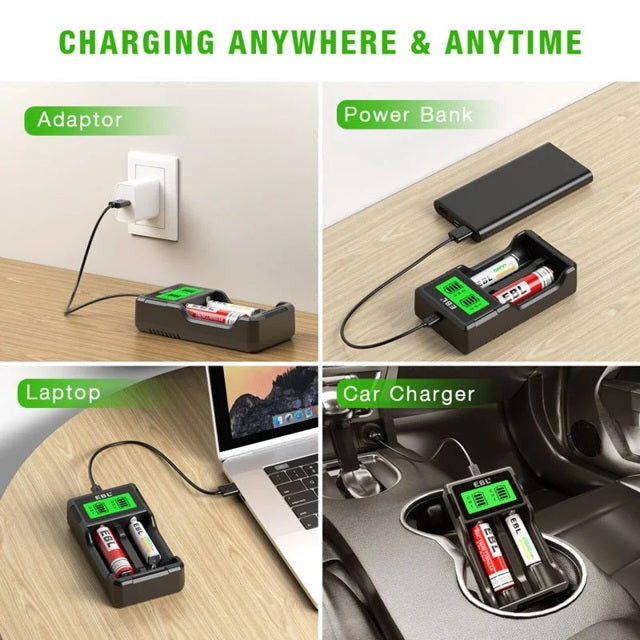 AA AAA Li-ion NiCd NiMH charger shown charging batteries via adapter power bank laptop and car charger