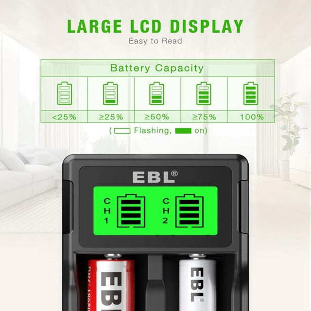 AA AAA Li-ion NiCd NiMH charger with large easy-to-read LCD battery capacity display