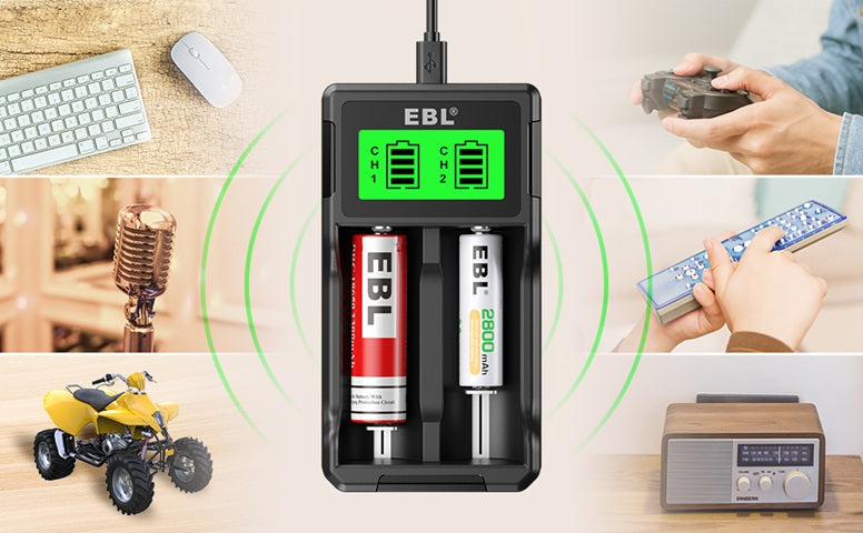 EBL AA AAA Li-ion NiCd NiMH charger with two batteries charging and various device use cases