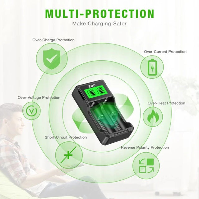AA AAA Li-ion NiCd NiMH charger with multi-protection features for safe charging