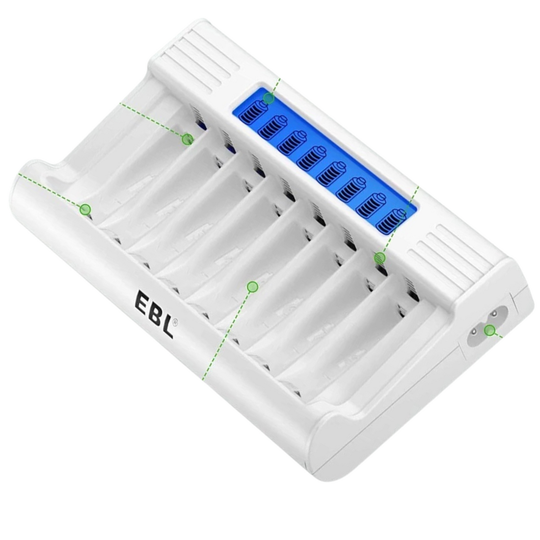 EBL battery charger with LCD display for AA and AAA rechargeable batteries in white