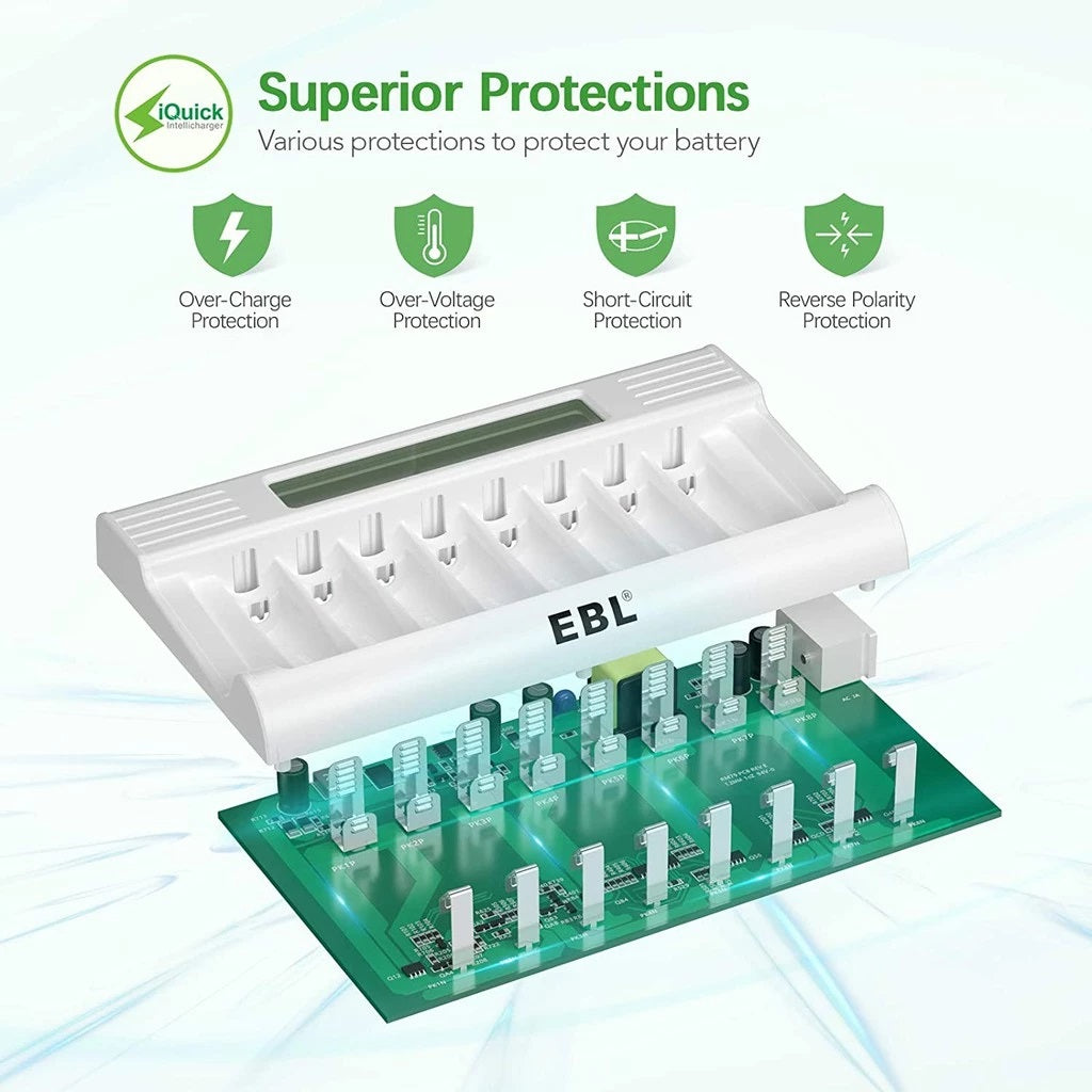 EBL battery charger with LCD display showing advanced protections for AA AAA batteries