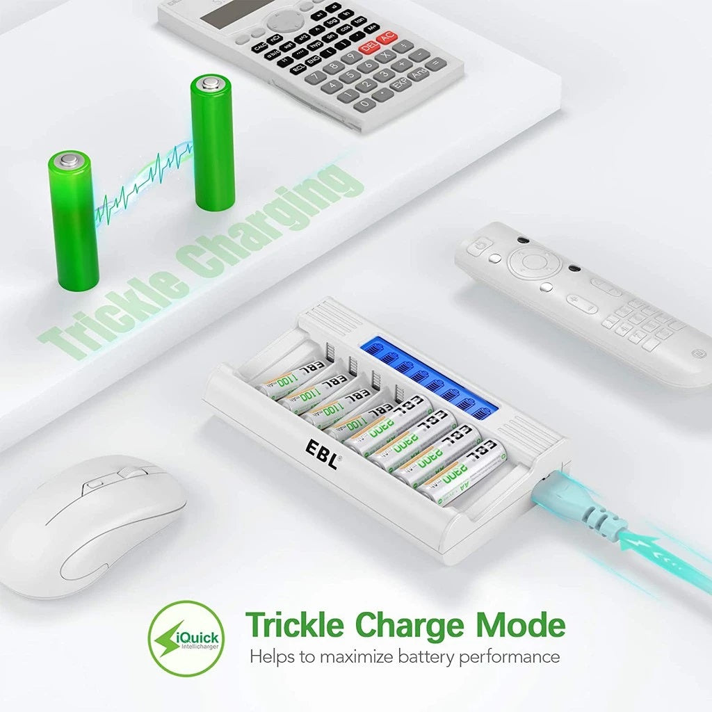 EBL battery charger with LCD display charging AA and AAA batteries on white desk with mouse remote and calculator