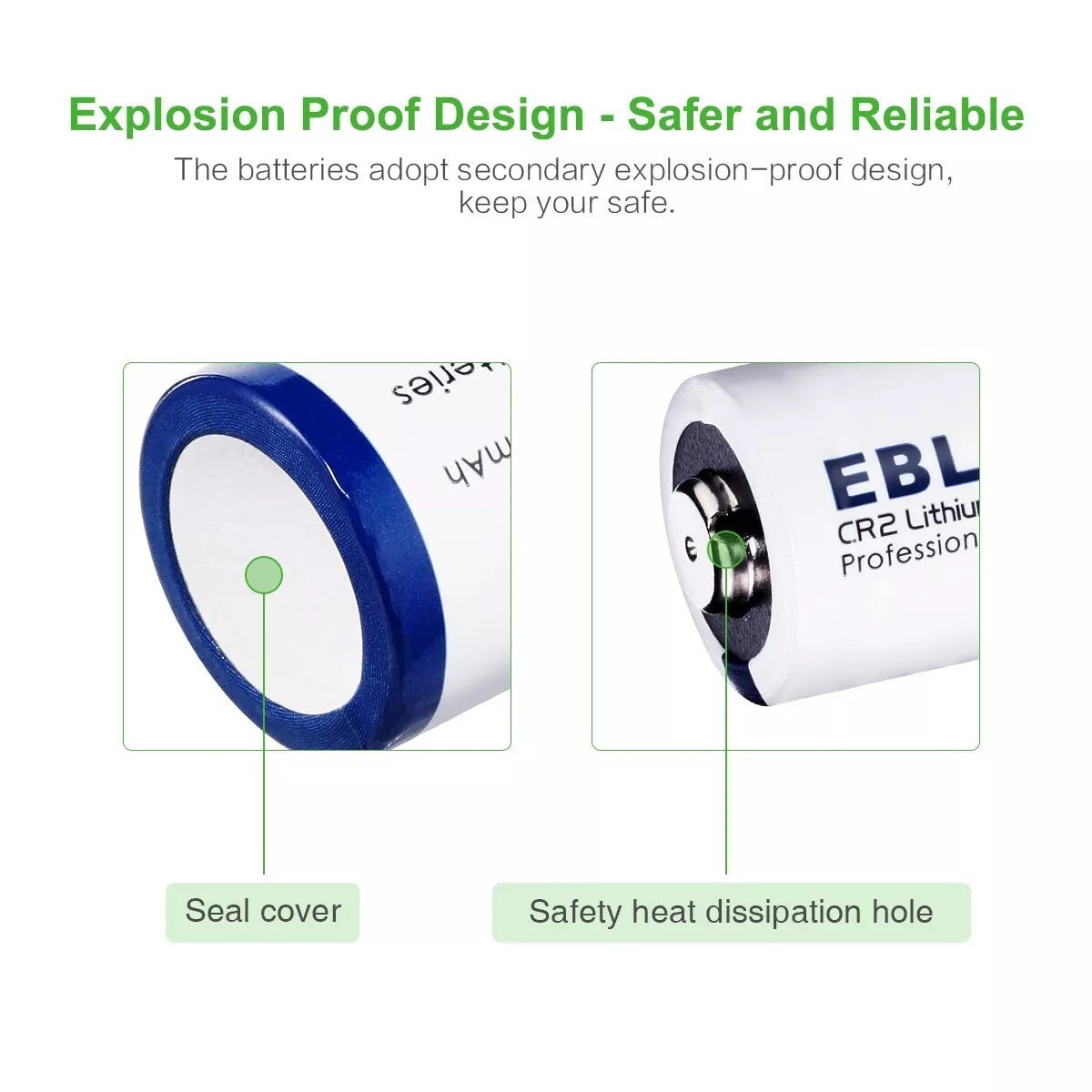 EBL CR2 3V Non-rechargeable battery with explosion proof design featuring seal cover and heat dissipation hole
