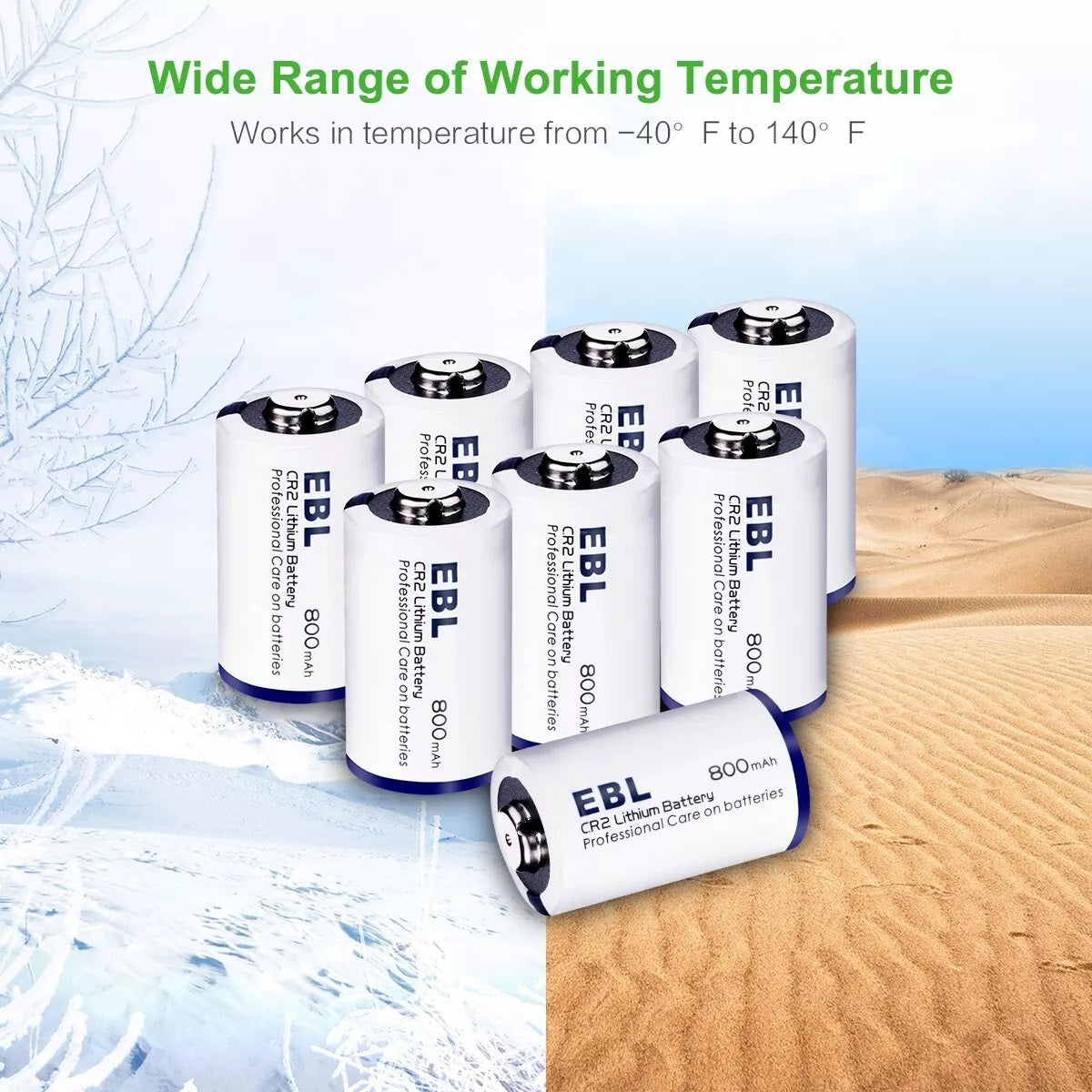 EBL CR2 3V Non-rechargeable battery pack shown with wide temperature range from freezing to hot environments