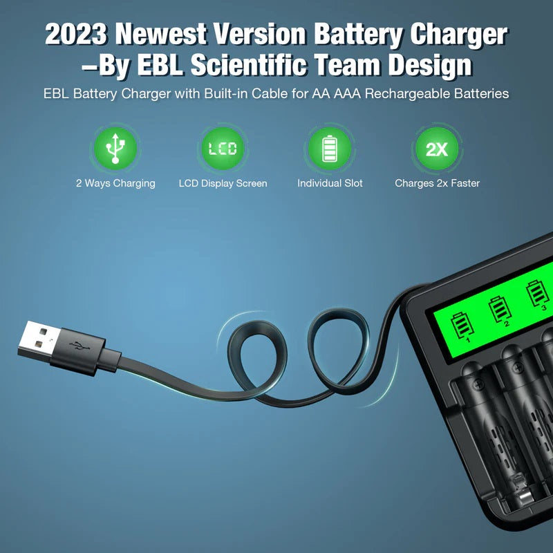 VMIDirect EBL FY-819 LCD charger for AA and AAA batteries with USB cable and battery status display