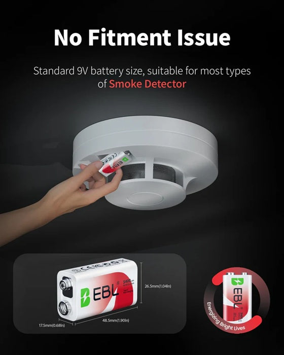 Rechargeable 9V lithium batteries fitting a smoke detector with battery dimensions shown