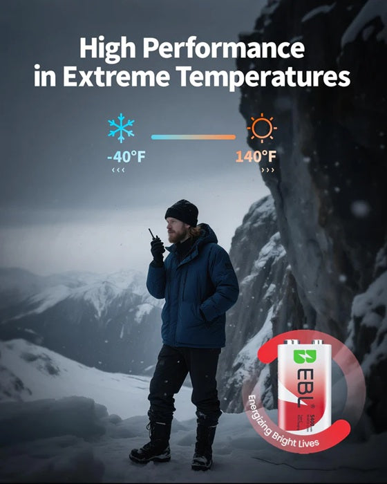 Rechargeable 9V lithium batteries deliver high performance in extreme temperatures from minus 40 to 140 degrees Fahrenheit