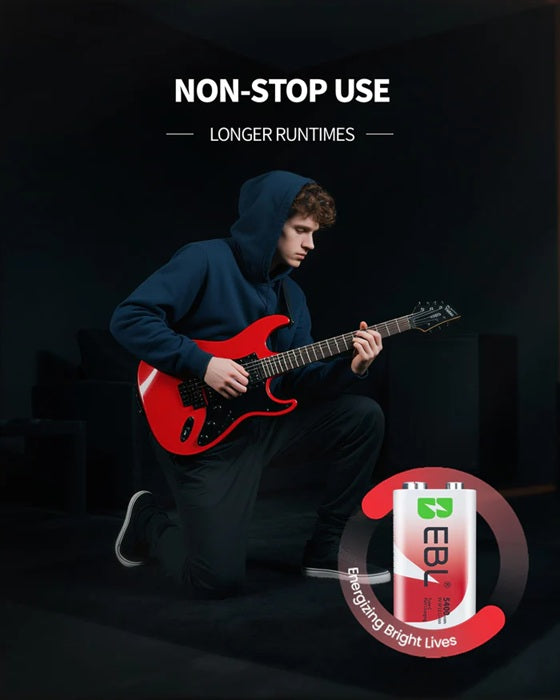 Rechargeable 9V lithium batteries offering non-stop use and longer runtimes for electric guitars