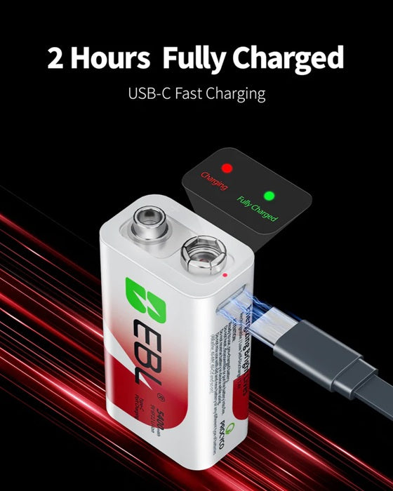 Rechargeable 9V lithium batteries with USB-C fast charging and 2 hours full charge indicator