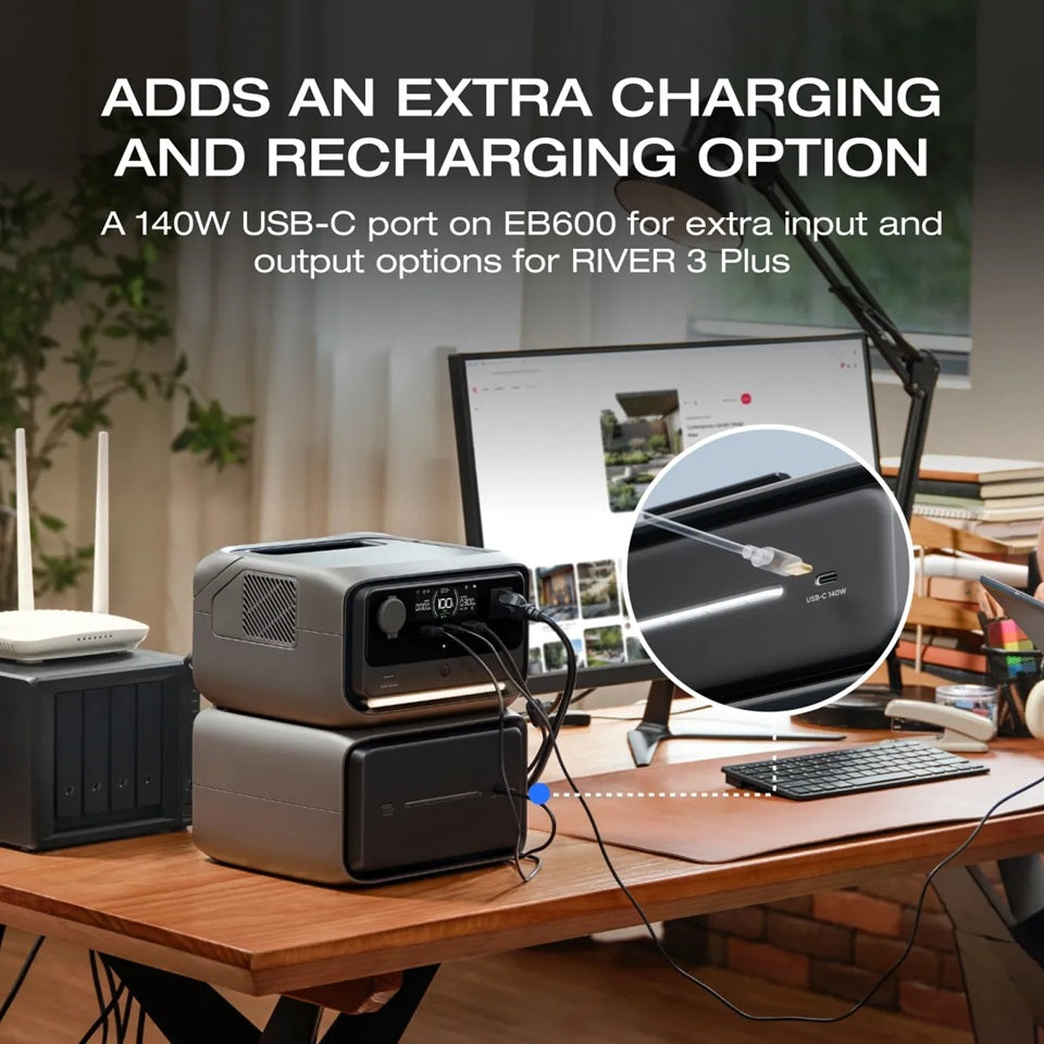Ecoflow River 3 Max Plus Portable Power Station with USB-C charging port on desk next to computer and accessories