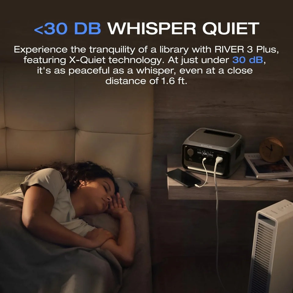 Ecoflow River 3 Max Plus Portable Power Station on bedside table quietly charging devices near sleeping person
