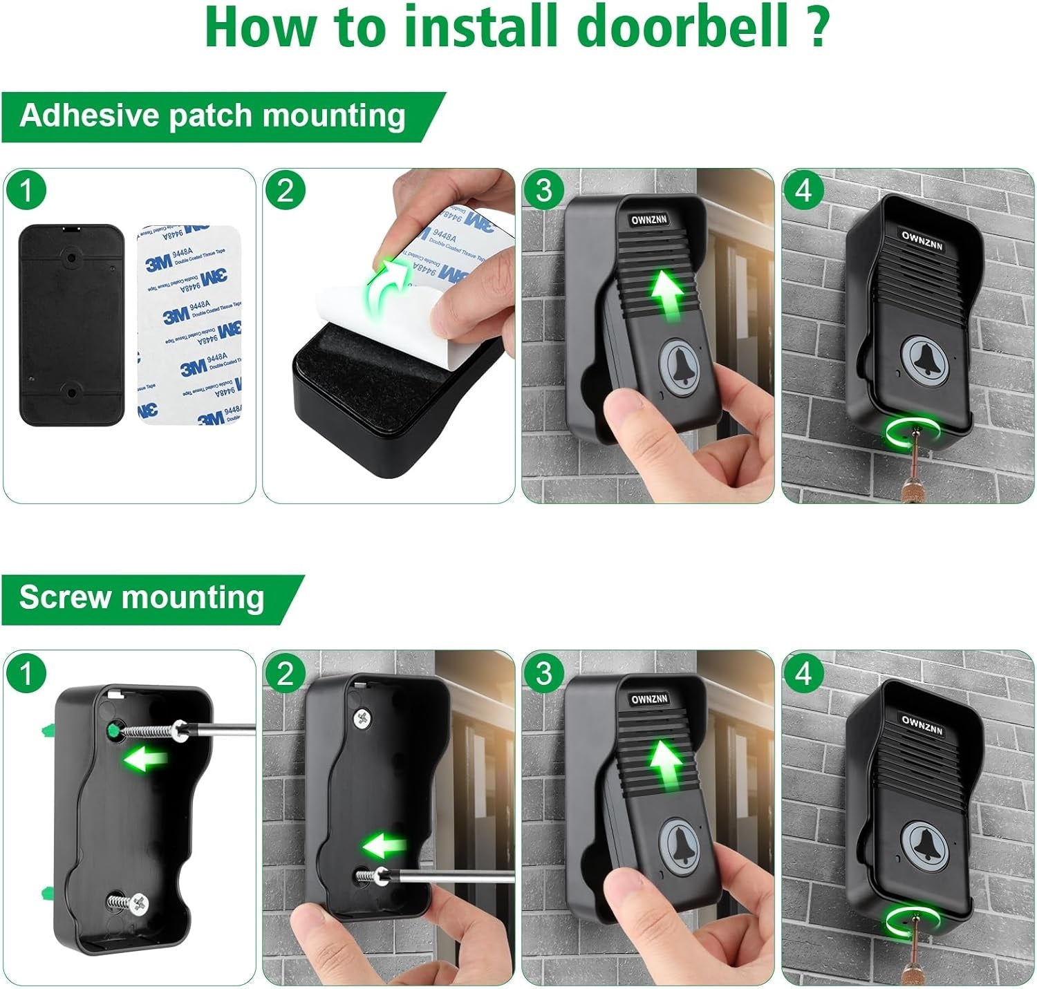 Step-by-step installation guide for Full Duplex Intercom Doorbell using adhesive patch and screw mounting methods