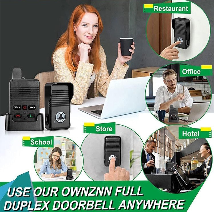 Full Duplex Intercom Doorbell shown in various settings like restaurant, office, school, store, and hotel