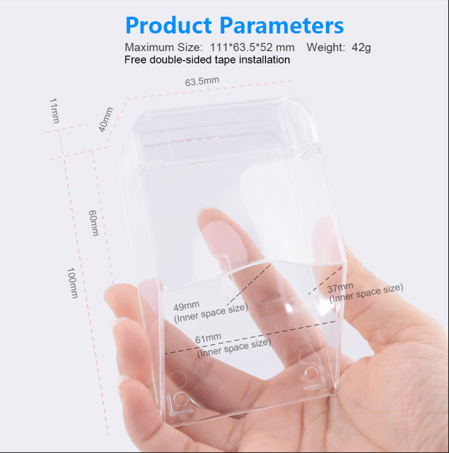 Clear waterproof doorbell cover case shown with product dimensions and hand for size reference