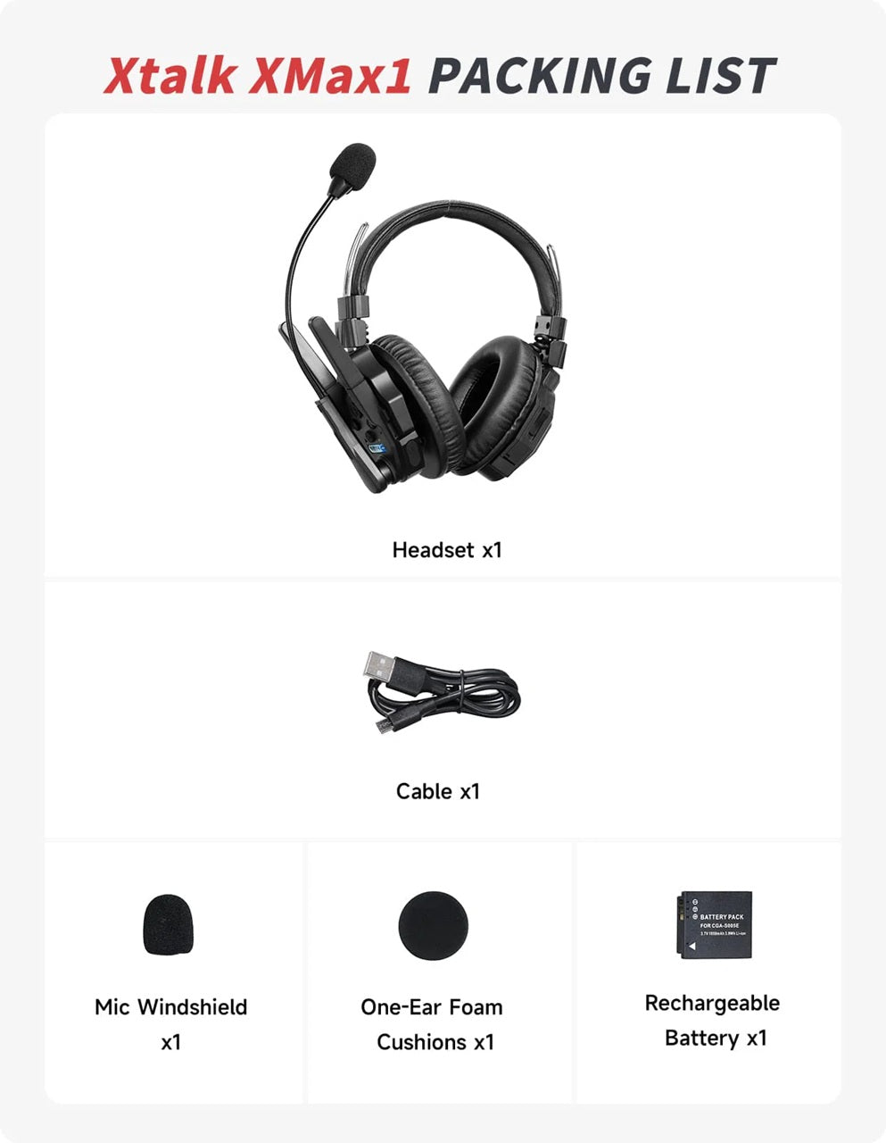 Xtalk XMax1 Intercom with group communication headset and packing list including accessories
