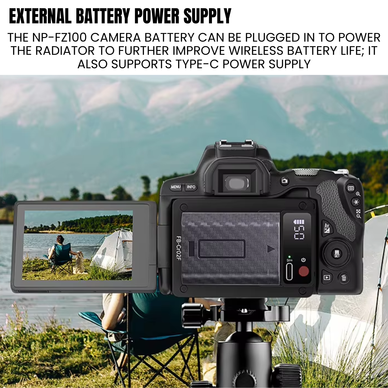 GXCT CR02F camera radiator with external battery power supply, enhancing wireless battery life