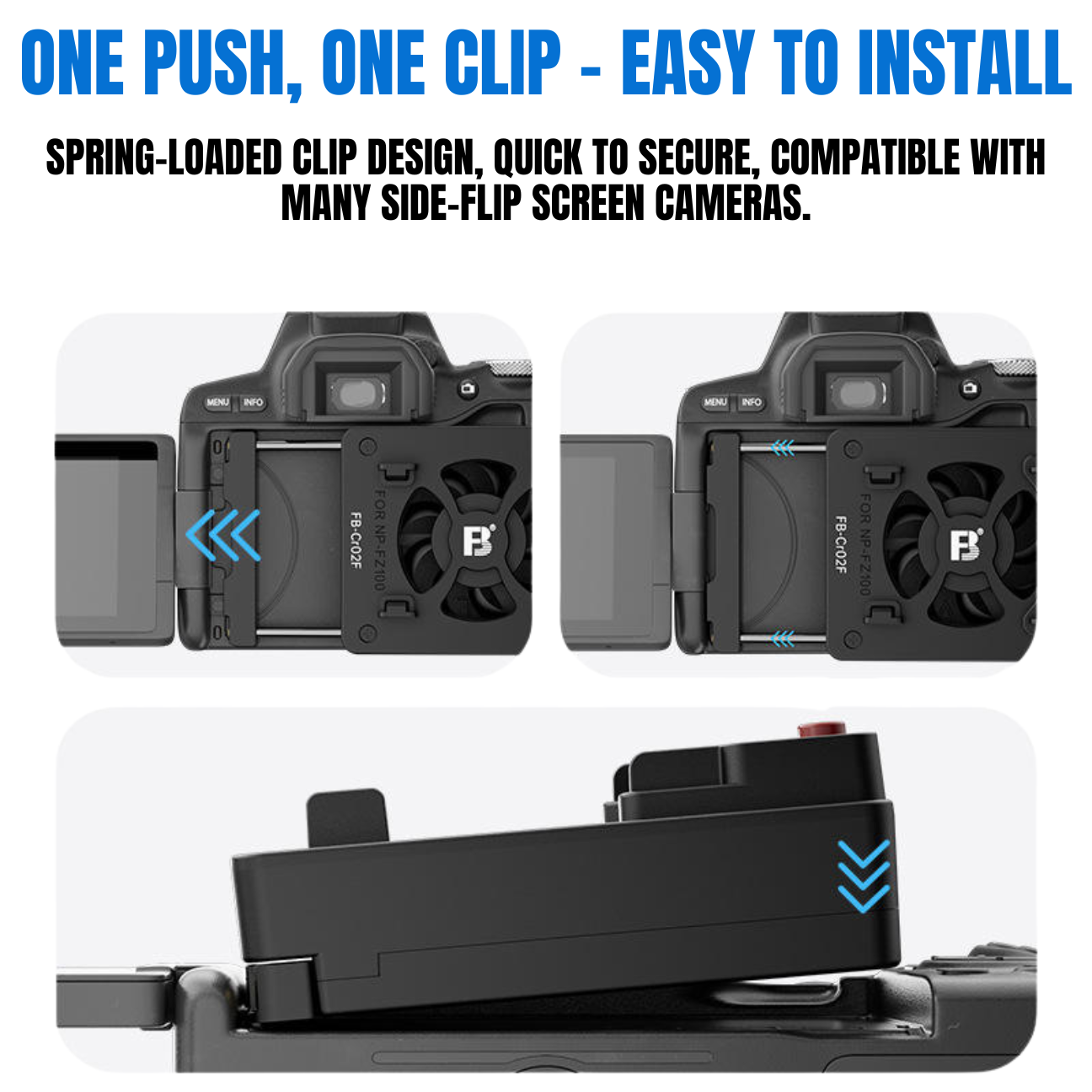 GXCT CR02F camera radiator with spring-loaded clip for easy installation on side-flip screen cameras