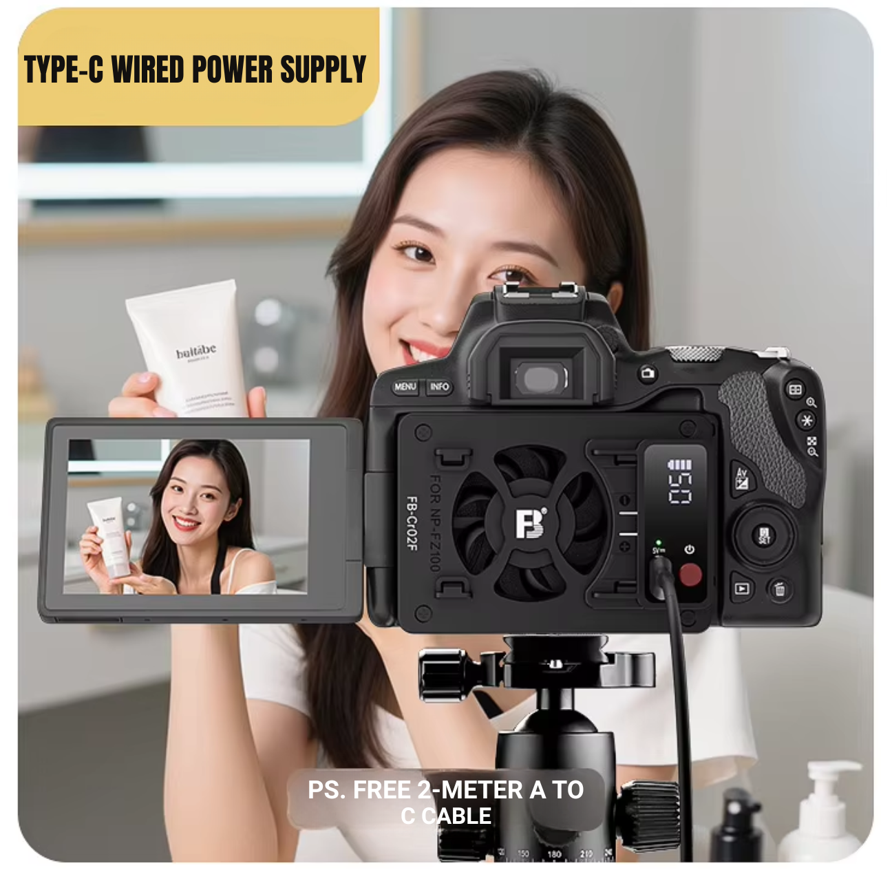 GXCT CR02F camera radiator attached to a camera with Type-C wired power supply feature