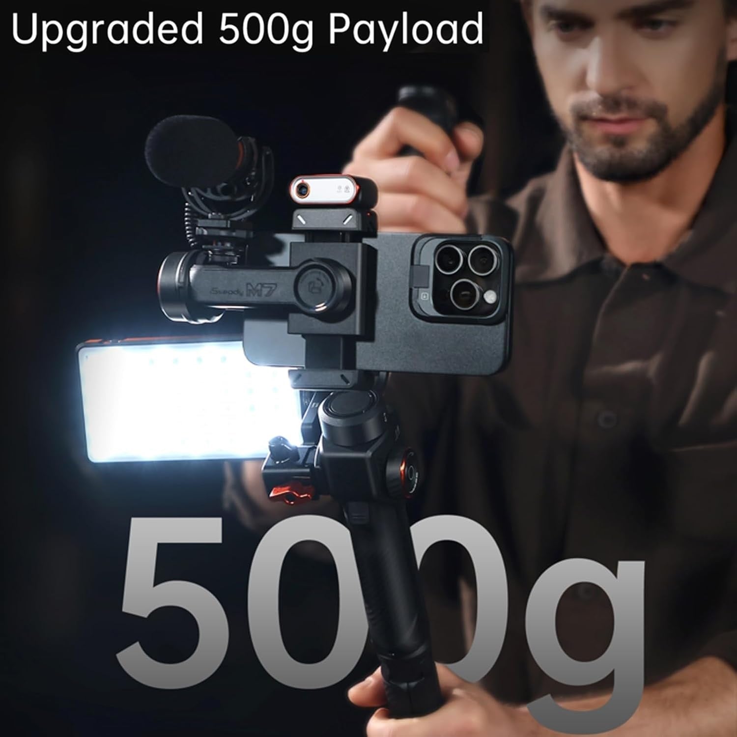 Hohem iSteady M7 gimbal for smartphone with enhanced 500g payload and accessories attached