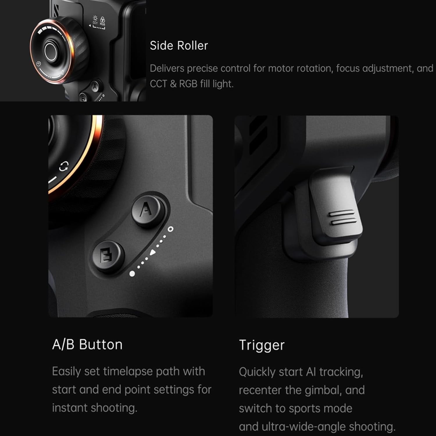 Hohem iSteady M7 gimbal for smartphone with side roller, A/B button, and trigger for smooth filming