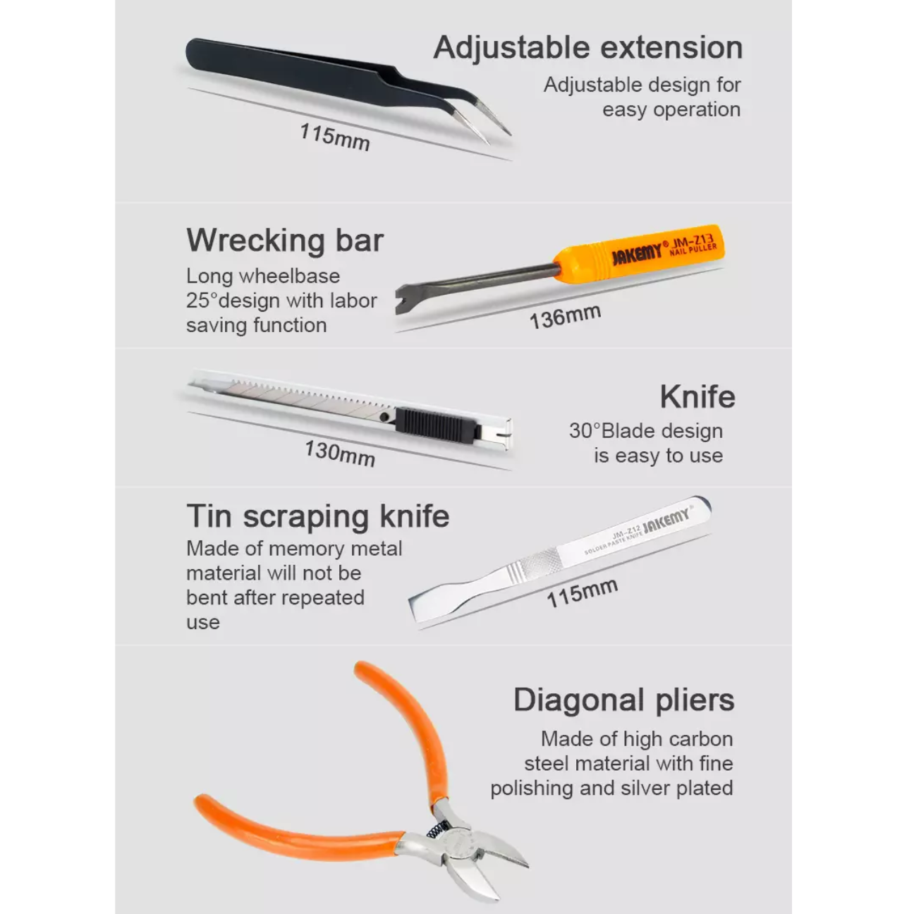 JAKEMY JM-8146 toolkit featuring adjustable extension, wrecking bar, knife, scraping knife, and diagonal pliers