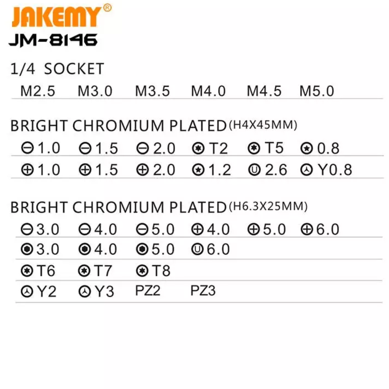 JAKEMY JM-8146 toolkit socket sizes chart with various measurements for precise tool selection